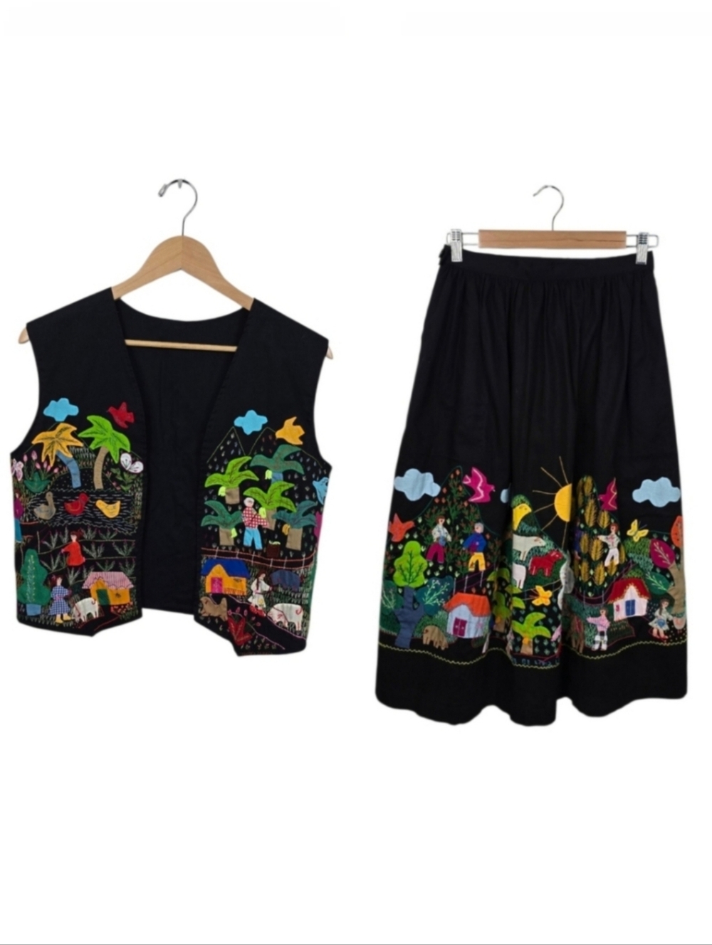Vintage Cuyamuna Style Colombian Folk Art Applique Vest & Skirt Set XS/ Small